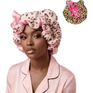 Leopard Print & Pink Teddy Bonnet, Leopard Print Teddy Bonnet, Ultra-Cozy to Wear, Helps Reduce Breakage