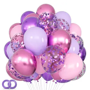 68 Pink And Purple Balloons, 12-Inch Metallic Purple And Pink Latex Balloons, Confetti Balloons With Ribbons, Perfect For Weddings, Girls' Birthdays, Baby Shower Decorations, Balloon Party Supplies