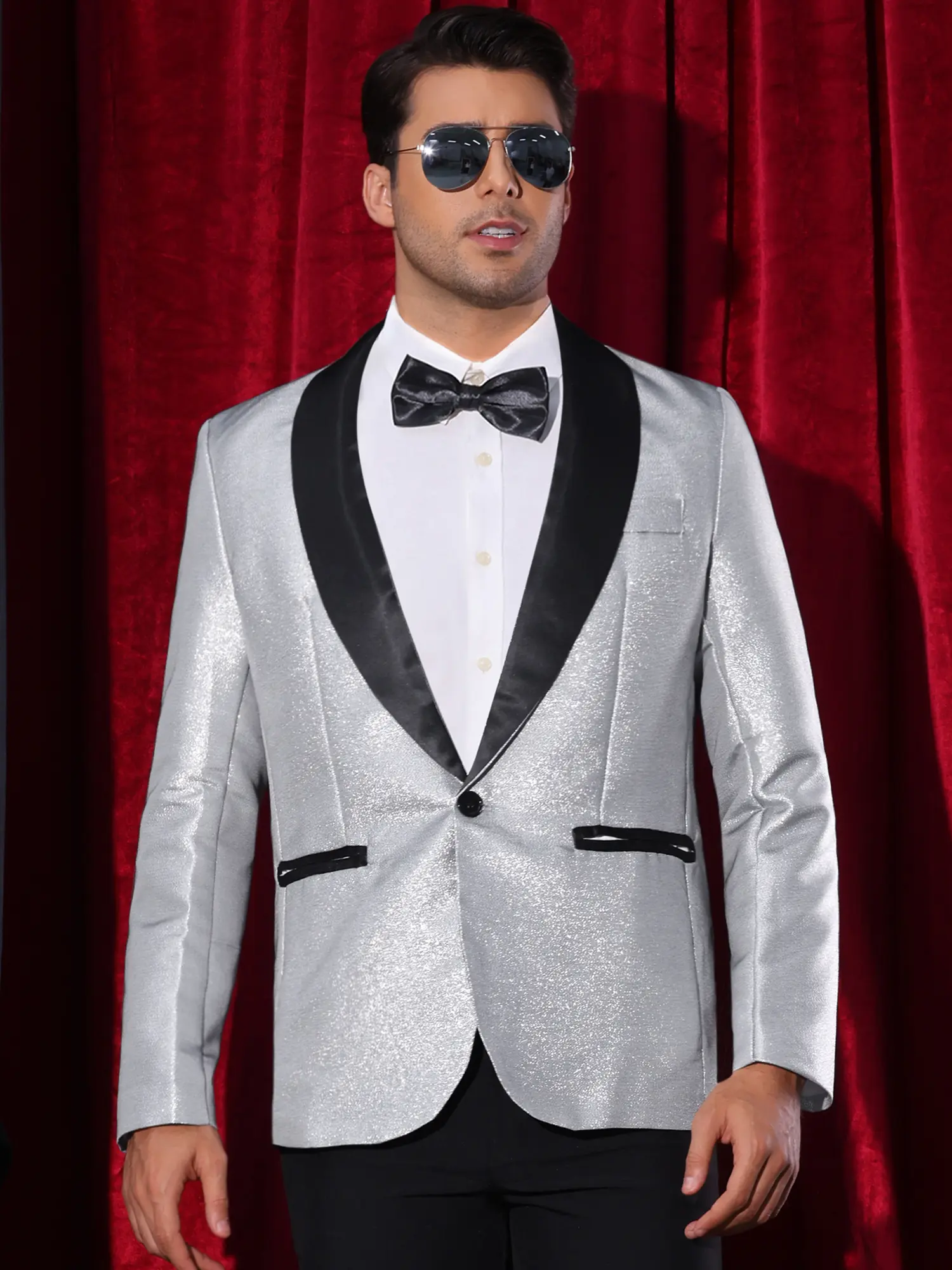 INSPIRE CHIC Blue Glitter Tuxedo for Men's Shawl Lapel Wedding Metallic Party Sparkly Blazer