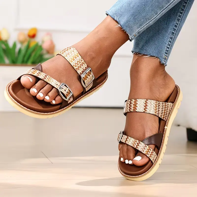 Women’s Adjustable Woven Strap Flat Slide Sandals – Soft Padded Open Toe Slip-On Comfort Beach Summer Slippers with Buckle, Lightweight Casual Everyday Walking Sandals