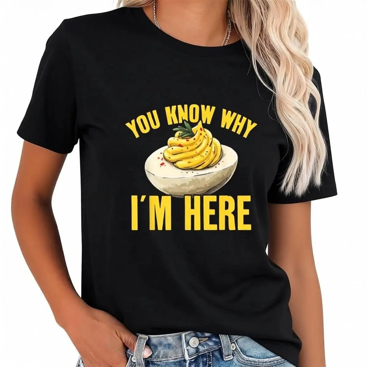 Men's Unisex Breathable 100% Cotton Short-Sleeve T-Shirt - "You Know Why I'm Here" Deviled Eggs Graphic Tee, Casual Style Streetwear Top, Tshirt, Shortsleeve, Soft