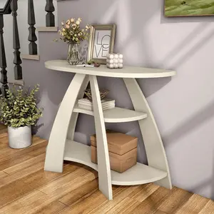 24/7 Shop At Home Gina Contemporary Soft White Wood Half-moon Console Table with 2 Shelves and Curved Legs for Living room, Bedroom, Entryway, Hallway
