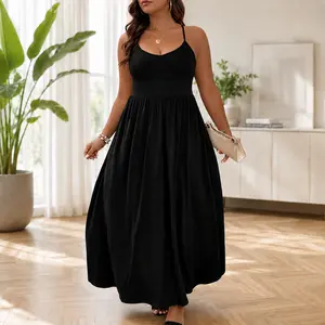 Plus Size Criss Cross Backless Cami Dress, Casual Solid Sleeveless Spaghetti Strap A-Line Dress for Summer, Women's Clothes for Party Holiday Womenswear