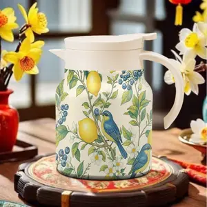 1000ML/33.8oz Tea Pot/coffee Pot, Floral Bird Print Water Jug with Lid, Dual Layer Vacuum Stainless Steel Insulated, Elegant Design for Home Use
