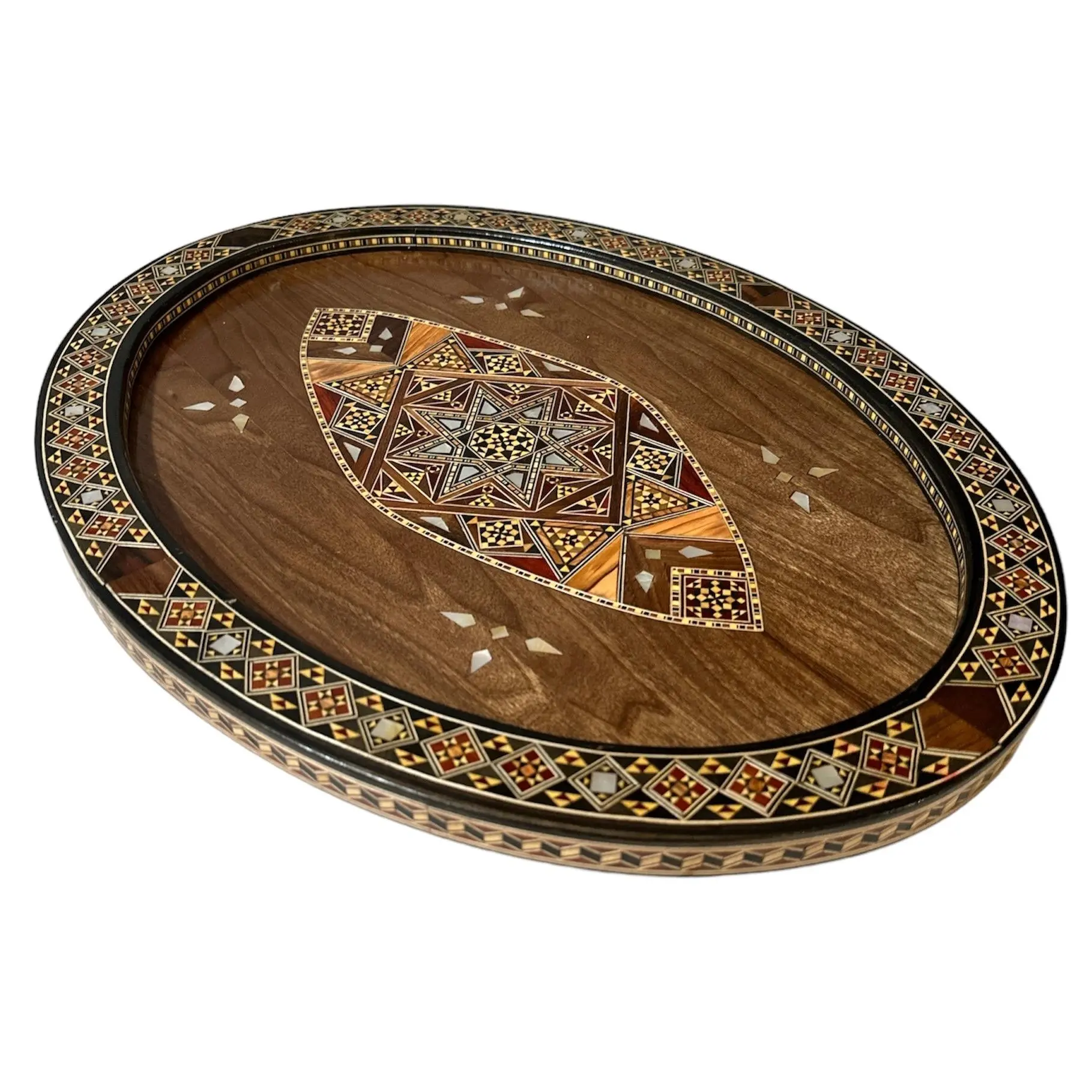 Handmade Oval Wooden Tray with Mosaic Design – Authentic Islamic and Middle Eastern Craft