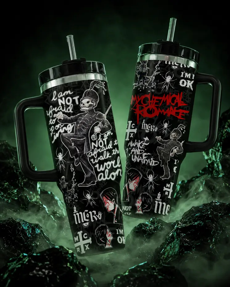 Marching Skeleton Emo Rock Tumbler 40oz, Gothic Band Inspired Travel Mug, Alternative Music Fan Stainless Steel Cup With Handle