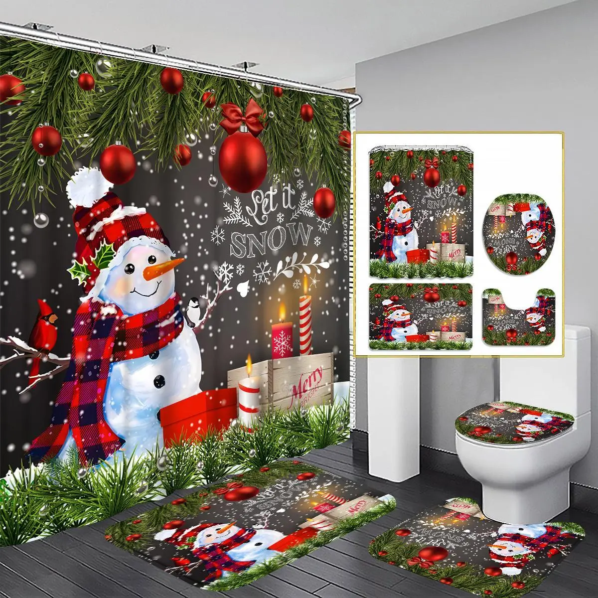 4-Piece Festive Multicolor Christmas Themed Bathroom Accessory Set - Includes Shower Curtain, Toilet U-Shape Mat, Bath Mat, Toilet Lid Cover - Home Bathroom Decor Supplies