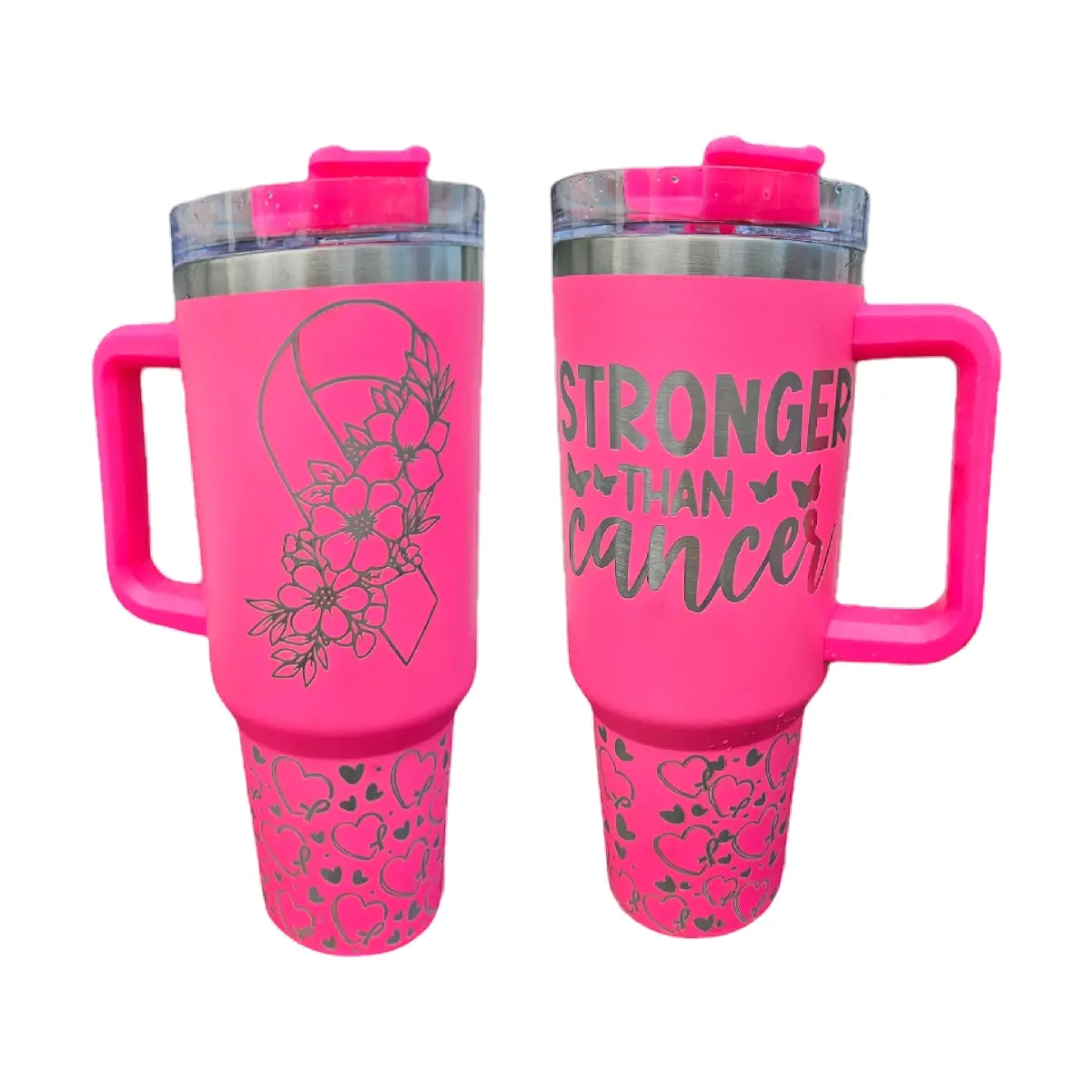 Hot Pink 40 oz Tumbler with Handle - Breast Cancer Awareness Design Floral Ribbon - Bottle, Drinkware