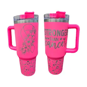 Hot Pink 40 oz Tumbler with Handle - Breast Cancer Awareness Design Floral Ribbon - Bottle, Drinkware