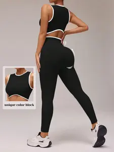 2 Piece Womens Workout Sets Seamless Crop Tank Top High Waist Leggings Contrast Trim Padded Racerback Bra Yoga Outfits Fitted Design Activewear Casual Sportswear