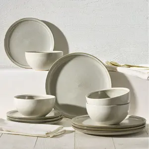 Banks Cream 12-Piece Stoneware Dinnerware Set - Includes Tableware, Plates, and Dishes for Home Dining