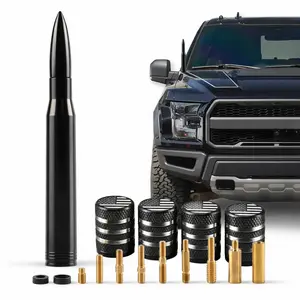 Universal Short Car Antenna + American Flag Tire Valve Caps Set Compatible with Ford Dodge Chevy GMC Jeep Toyota (2006–2024), Metal Antenna with Adapters & Valve Stem Caps Bundle