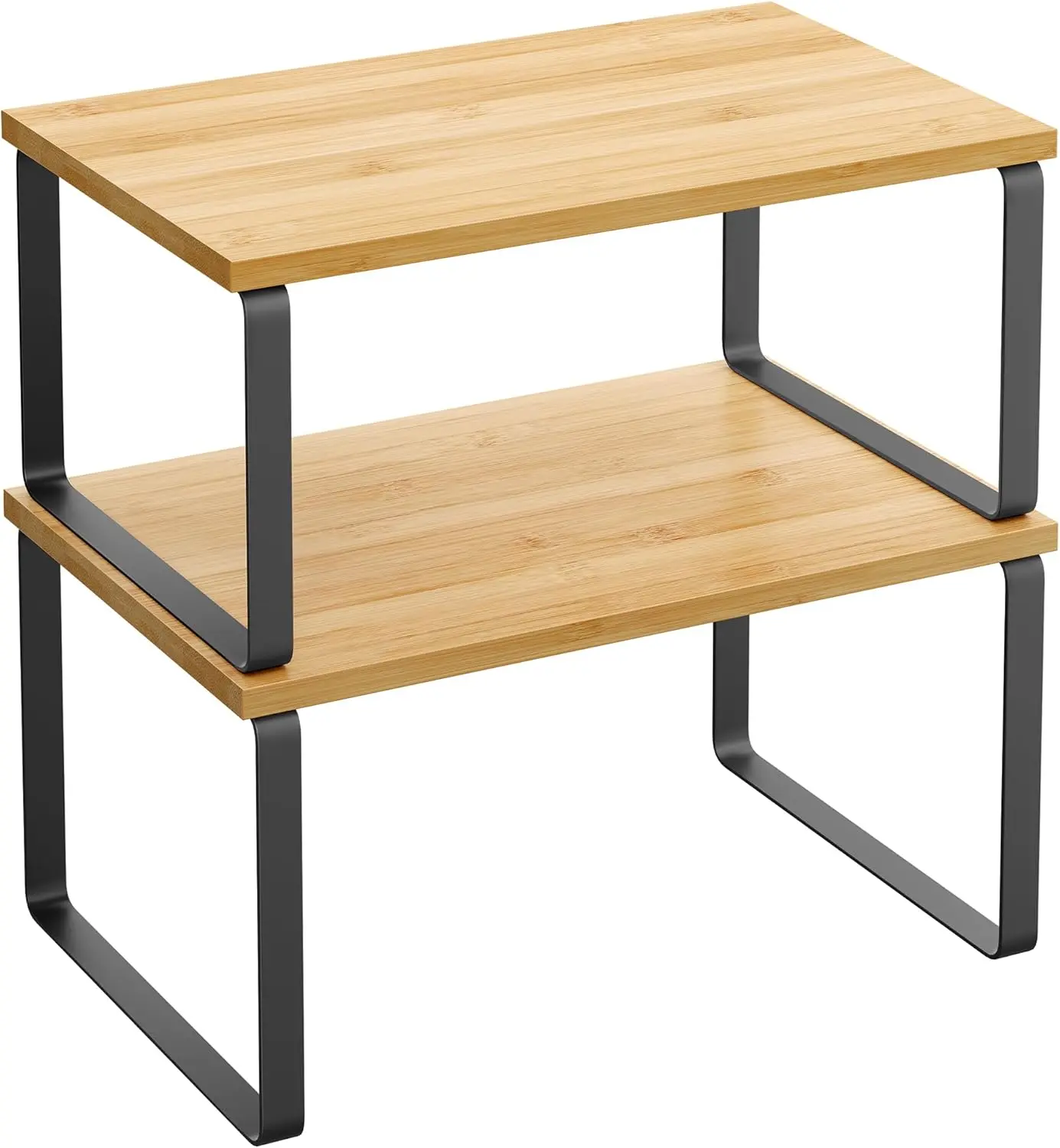 Cabinet Organizer Shelf, Set of 2 Kitchen Counter Shelves, Kitchen Storage, Spice Rack, Stackable, Expandable, Metal and Engineered Wood, 11.7 Inches, Ink Black and Natural Beige UKCS02NB