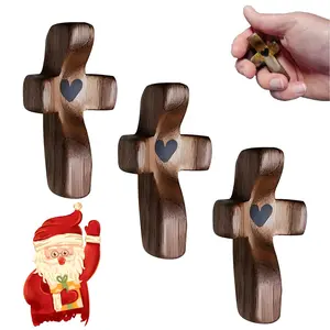 Three Wooden Cross Set Handheld New Stress Relief Comfort Cross Pocket Prayer Cross for Anxiety Multi-Functional Spiritual Symbol Religious Gift Olive Wood Comfort Cross Home Office Decor Decorative Ornamentation Set Hand Heart Design