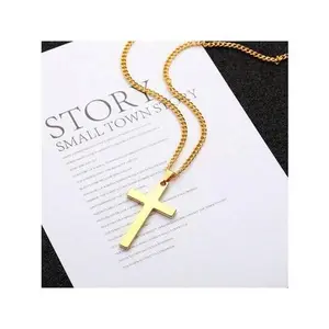 1 Fashionable Cross Pendant Necklace, Gold Cuban Chain, Stainless Steel Simple Casual Necklace - Couple Necklace For Men And Women
