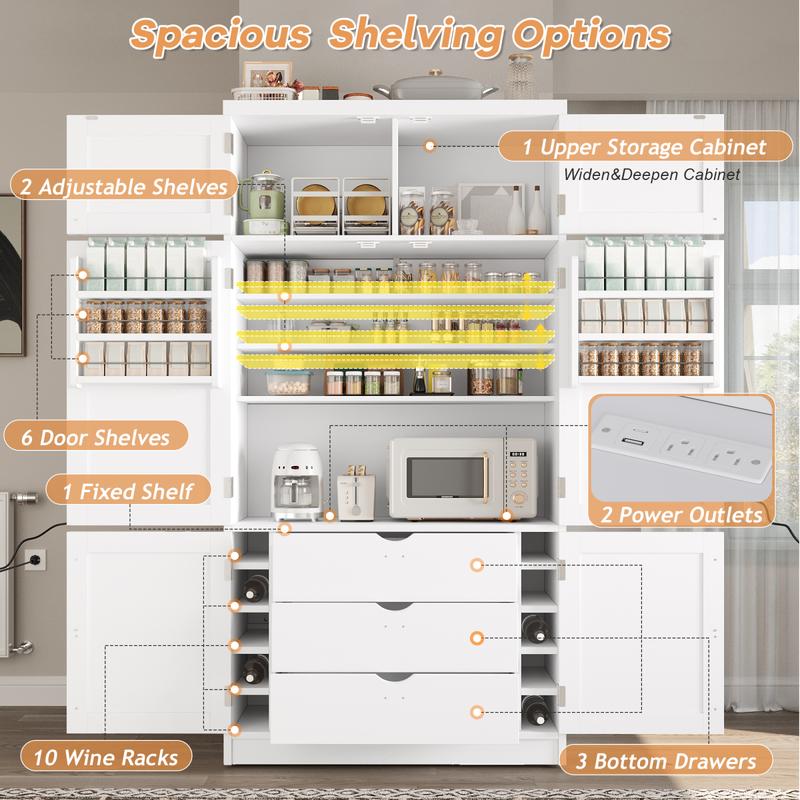 80" Tall Kitchen Pantry Cabinet with 2 Power Outlets, 41" W Modern Large Freestanding Cupboard with Microwave Stand, Drawers, Adjustable Shelves, Wine Racks & Door-Shelf for Dinner Room, White