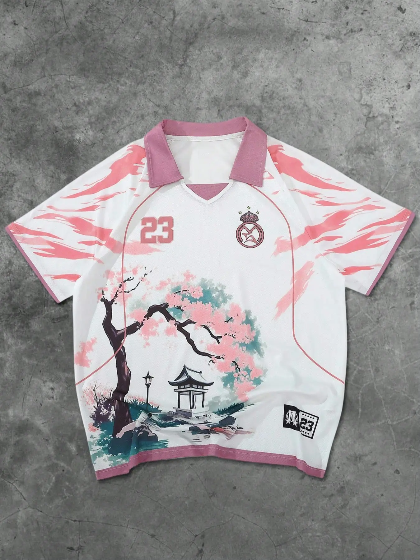 Men's Spring/summer Casual Floral Pattern Polo Shirt, Sporty Sakura & English Text Print Short Sleeve Knitwear, Fitted Long Style Menswear, Graphic Polo Shirts, Tops