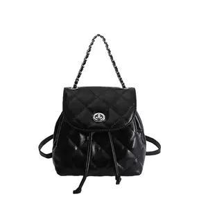 New Women's Mini Backpack with Chain Handle — Versatile, Dual-Use Y2K-Style Bucket Bag — Soft-Hued Color-Block Mini Backpack with Metallic Leather Accents