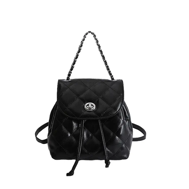 New Women's Mini Backpack with Chain Handle — Versatile, Dual-Use Y2K-Style Bucket Bag — Soft-Hued Color-Block Mini Backpack with Metallic Leather Accents