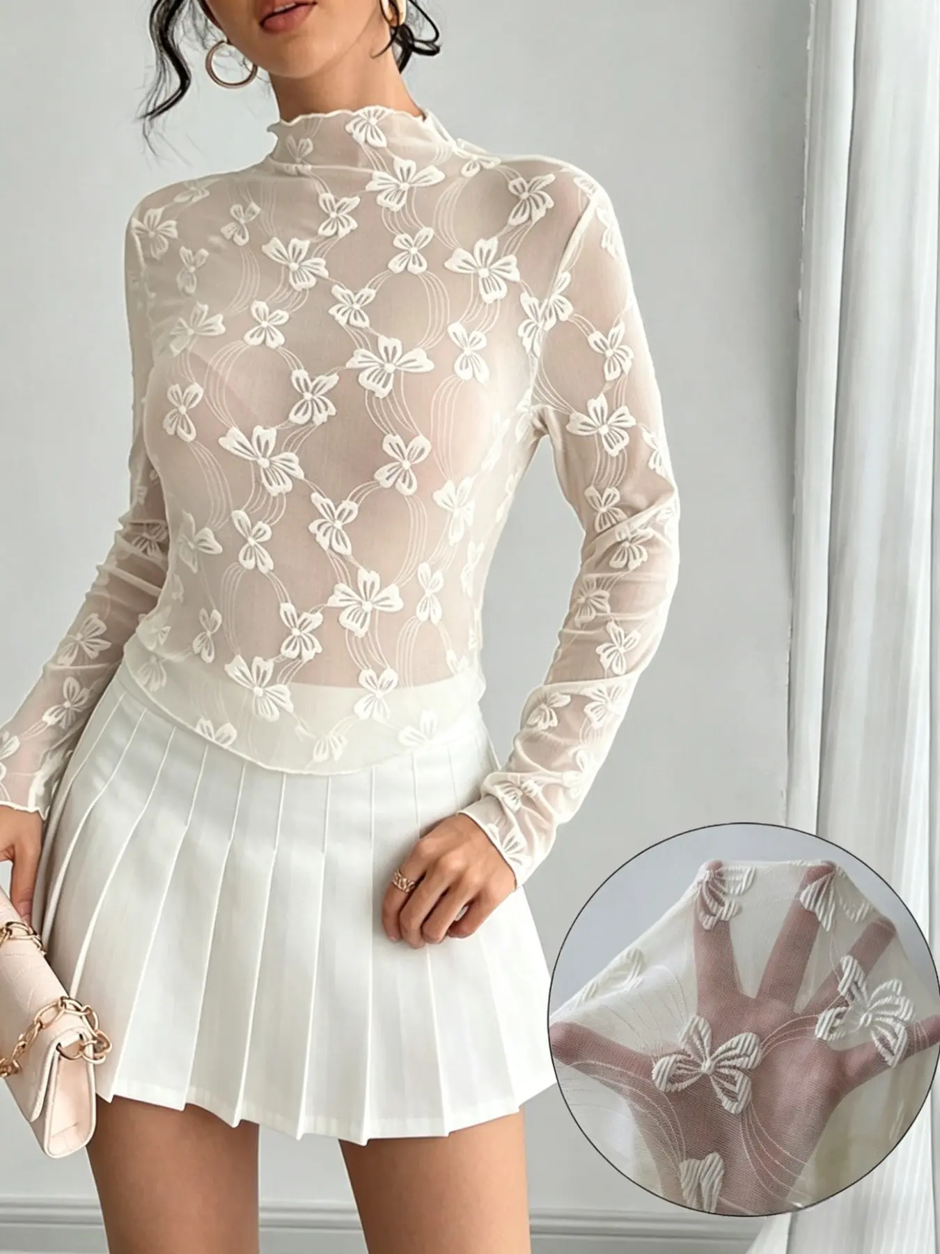 Women's High Neck Lace Top, Slim Fit Transparent Mesh Underwear, Butterfly Embroidery Long Sleeve T-Shirt, Layering Essential Inner Shirt