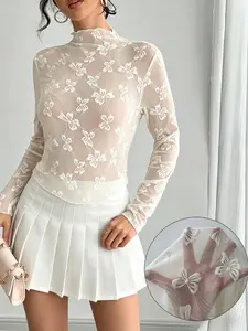 Women's High Neck Lace Top, Slim Fit Transparent Mesh Underwear, Butterfly Embroidery Long Sleeve T-Shirt, Layering Essential Inner Shirt