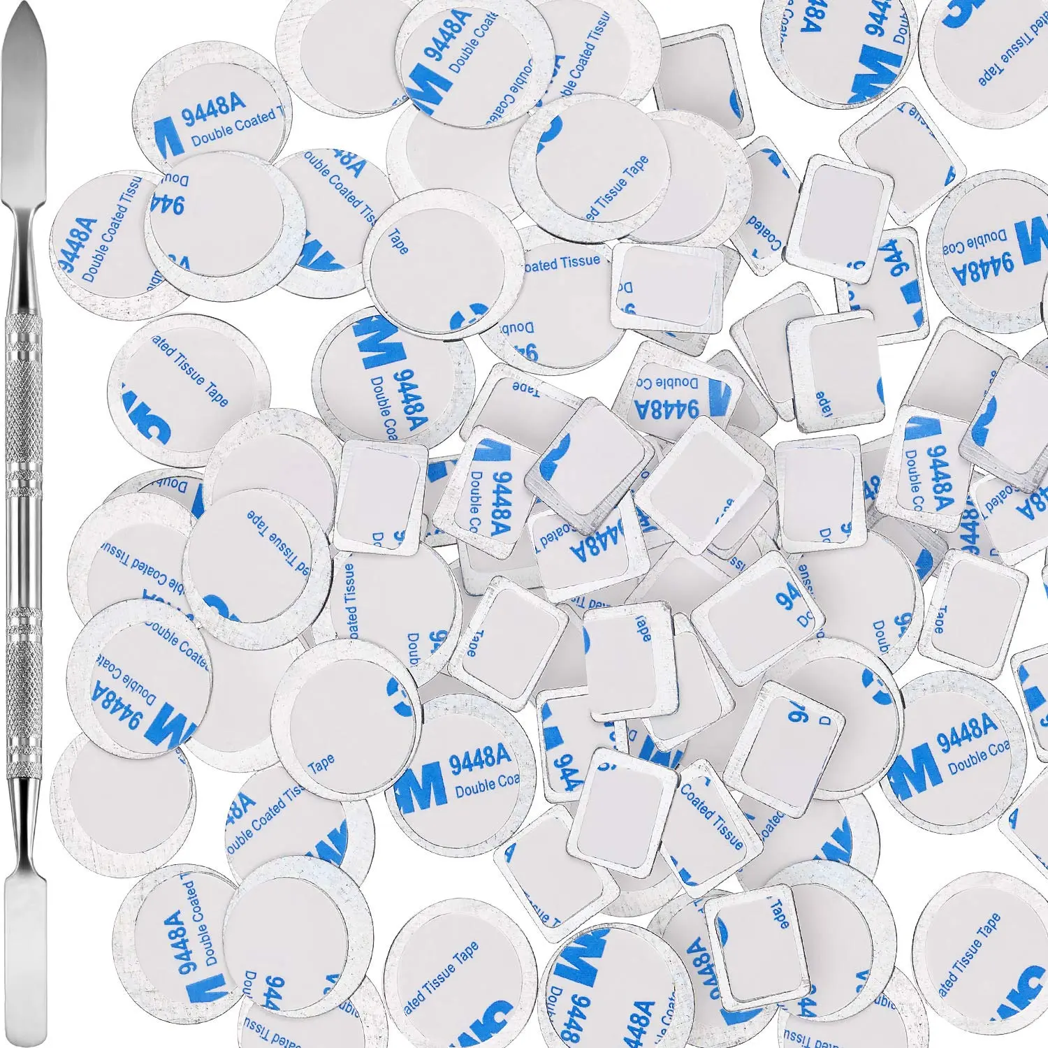 Sumind 101-Pack Metallic Stickers Set for Eyeshadow Palettes, Includes 1 Makeup Depotting Tool & 17x14 mm Adhesive Empty Palette Stickers (50 Square + 50 Round) with Permanent Glue, 17 X 14 Mm