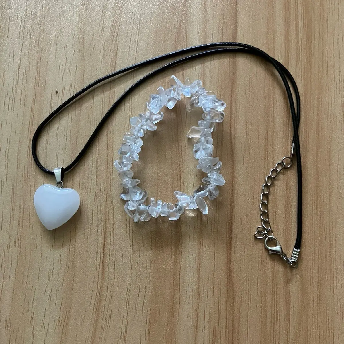 Clear quartz heart necklace and clear quartz chip bracelet set