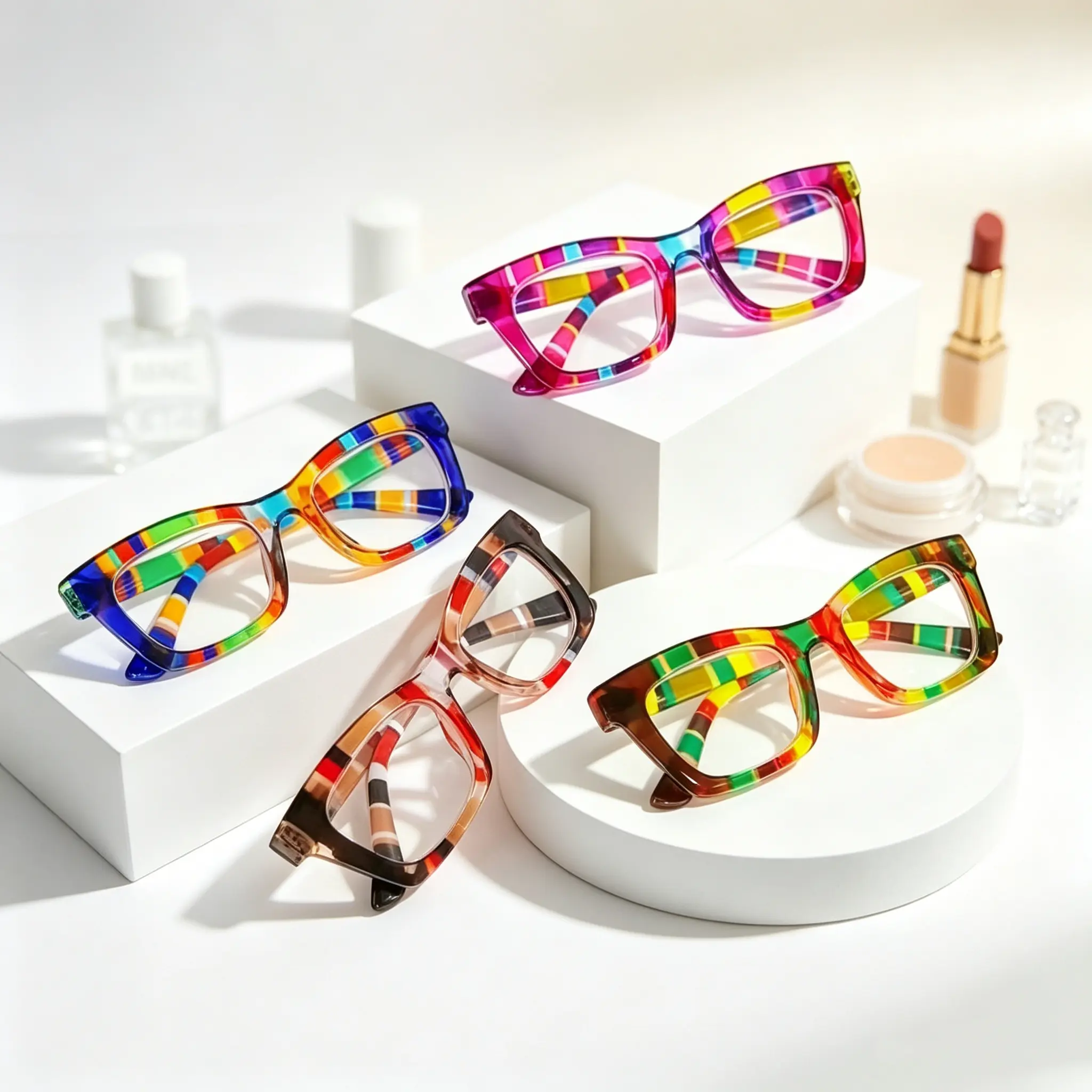 Women's 4-Pack Square Reading Eyeglasses - Lightweight Plastic Full Rim Frames with Spring Hinges, Multifocal Progressive Blue Light Blocking Resin Lenses for Female Daily Eye Strain Relief, Fashion Eyewear for Office (1.50x,2.00x,2.25x), Durable Gifts