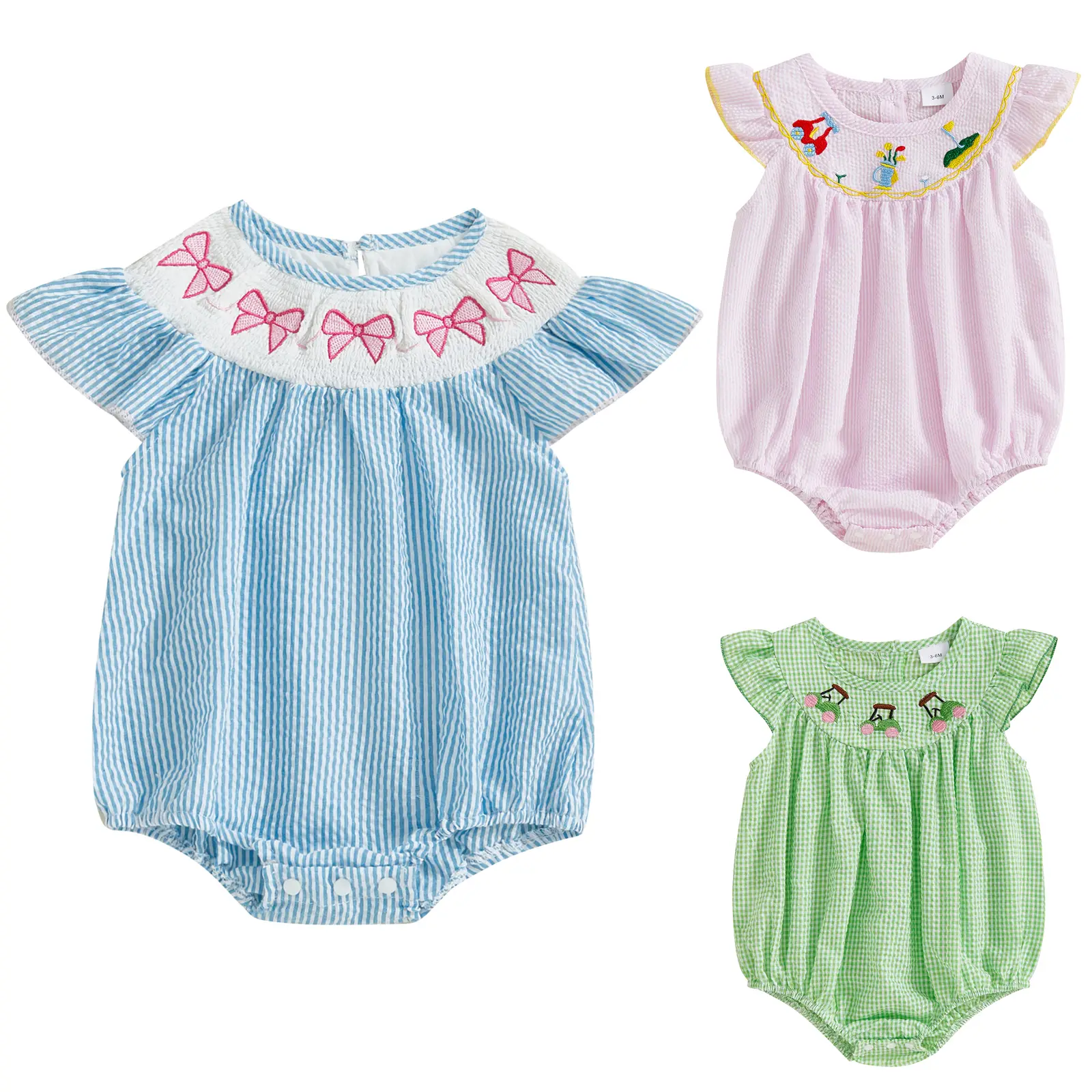 Newborn Baby Girls Smocked Bubble Romper Fly Sleeve Cute Golf Bow Embroidery Striped Onesie Bodysuit Summer Outfits 0-18 Months #Springtok