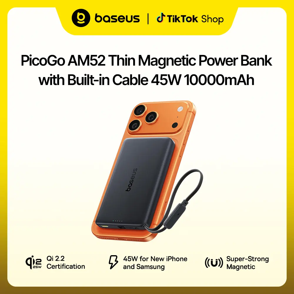 Baseus Picogo AM52 MagSafe Chargeable Alloy Power Bank - 10000mAh Qi2.2 25W Wireless Charger, 0.6in Compact 45W USB-C Fast Charging, Waterproof Silicone Shell EDC for Mobile Device iPhone 17/16/15/14/13/12, iPad