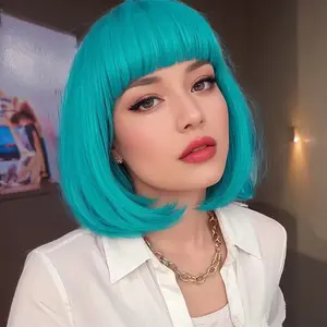 Short Bob Wig with Bangs Teal Blue Wig Bluish Green Wig Colored Wigs Heat Resistant Synthetic  Wig Party  Wigs for Women