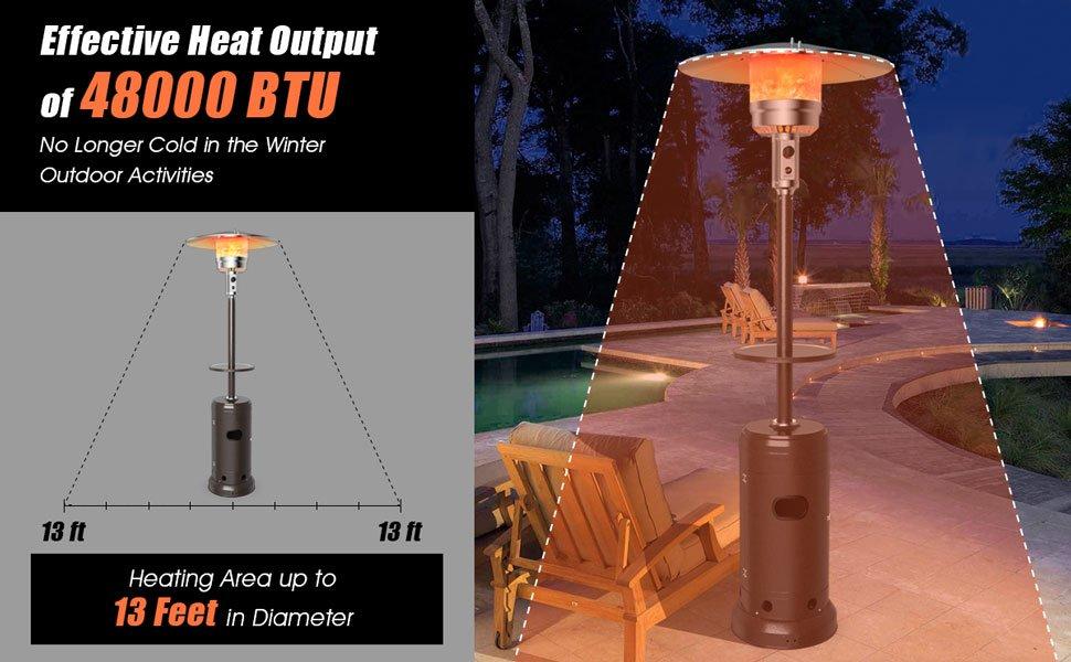 COSTWAY Propane Patio Heater with Wheels, 42000-50000 BTU Outdoor Heaters for Patio with Shelf Tabletop, Stainless Steel Burner, Auto Shut Off & Tip-Over Protection, Portable Patio Heaters for Outdoor Use