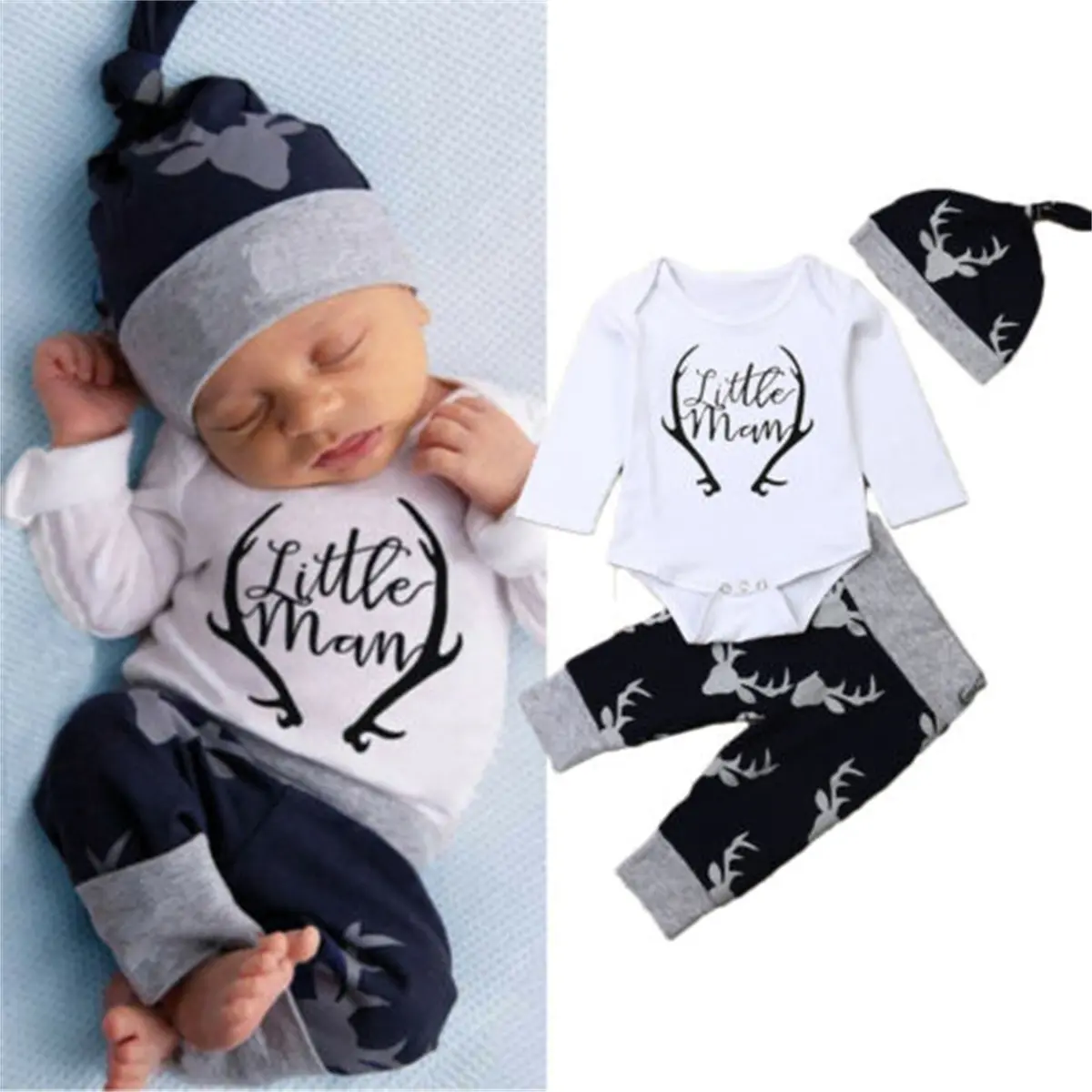 Canrulo 3PCS Newborn Infant Baby Boy Long Sleeve Little Man Romper Deer Pants Hat Clothes Set