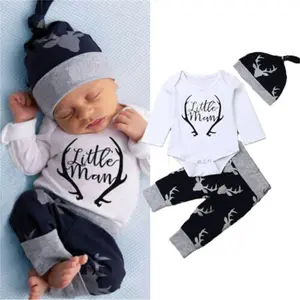 3PCS Newborn Infant Baby Boy Long Sleeve Little Man Romper Deer Pants Hat Clothes Set