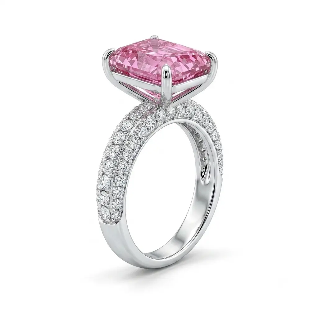 925 Sterling Silver Radiant Cut Sakura Pink 5.19 TCW Engagement Ring