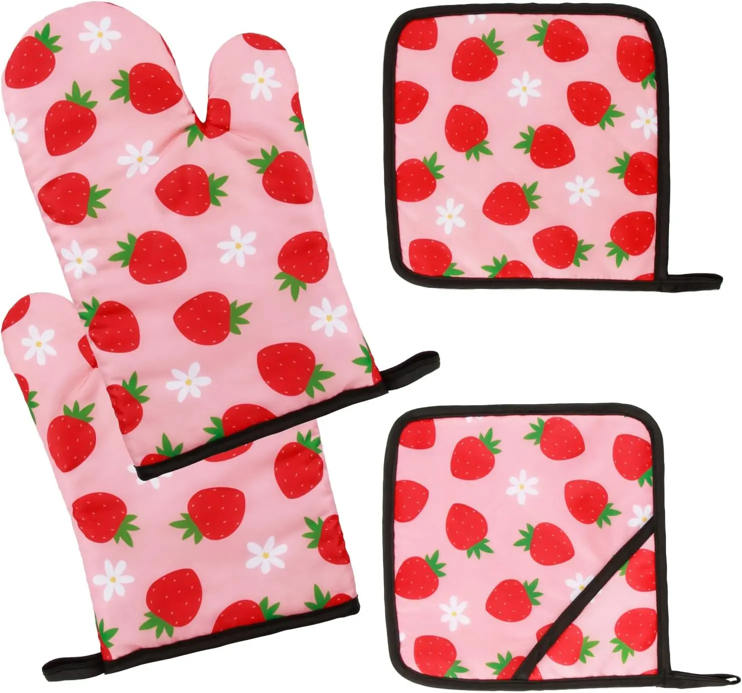 4-Piece Pink Strawberry Oven Mitt and Pot Holder Set, Heat Resistant Kitchen Gloves & Hot Pads for Baking, Cooking, BBQ & Microwave