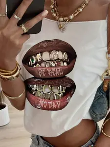 Y2K Style Be Real No Cap Aesthetic T-Shirt, Streetwear Gold Grillz Lip Pattern, Unisex Casual Rap Fan Gift, Short Sleeve Loose Fit