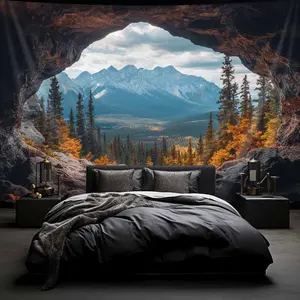 1pc Large Autumn Mountain Cave Scenery Tapestry - Realistic Nature Landscape Wall Hanging, Durable Brushed Fabric, Vibrant Fall Foliage & Snow-Capped Peaks Design, Perfect for Bedroom Decor, Holiday Gifts, and Party Backdrops (No Electricity Needed), Fore