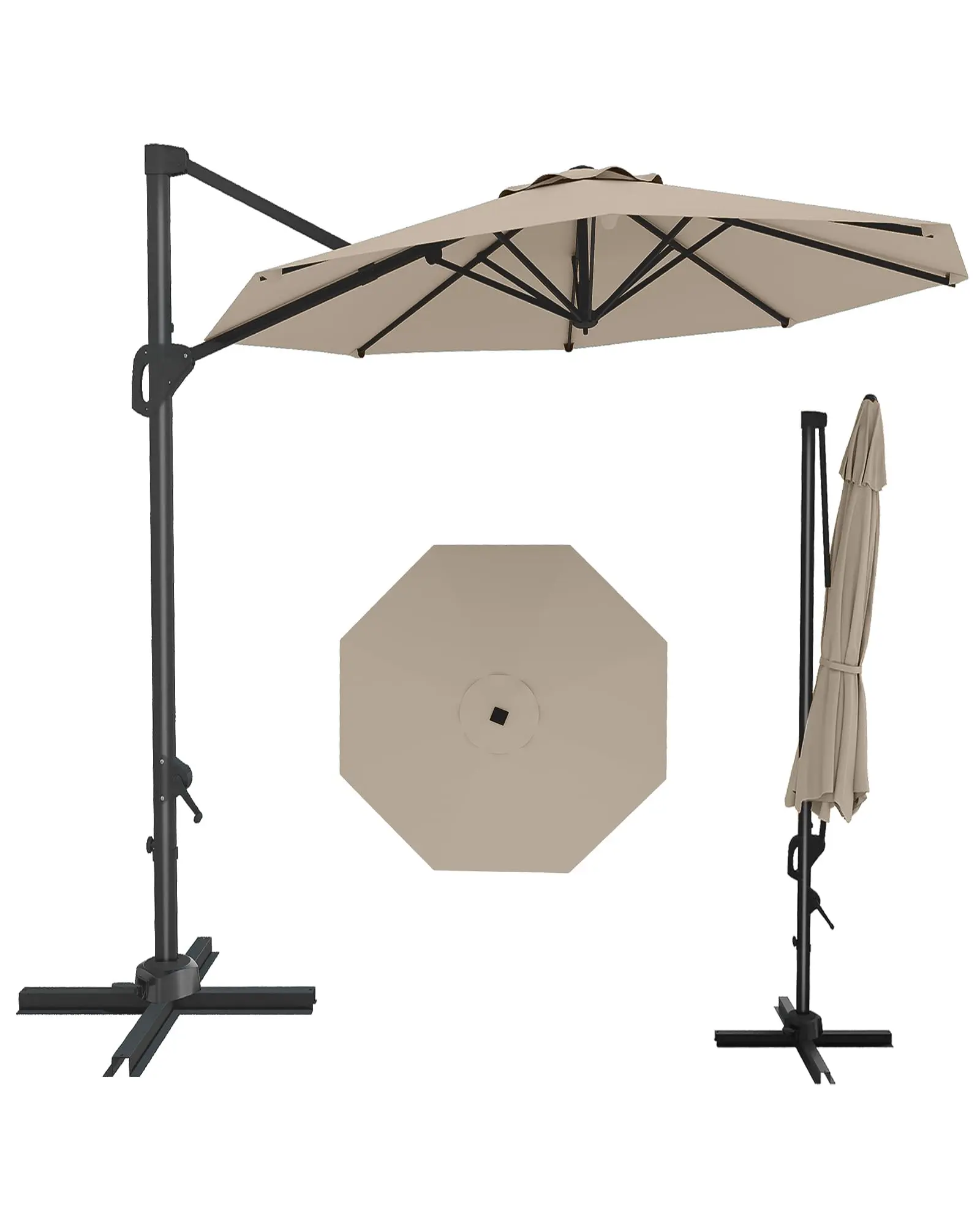 Gaomon 10Ft Round Polyester Cantilever Patio Umbrella - UV-Resistant Canopy, Sunshade Canopy, 360° Swivel, Easy-Lock Handle, Stable Cross Base for Garden, Poolside
