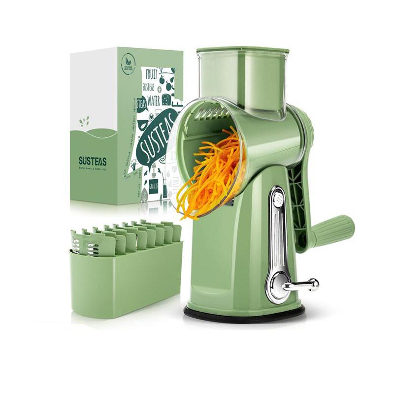 SUSTEAS Rotating Food Grater Chopper with Handle, with 5 Well-Designed Blades and Strong Suction Cup Base, Comes with 1 Blade Storage Box Vegetable Cutting Slicer Vegetable Slicer Dicer Kitchen Utensils Vegetable Fruit Cutter