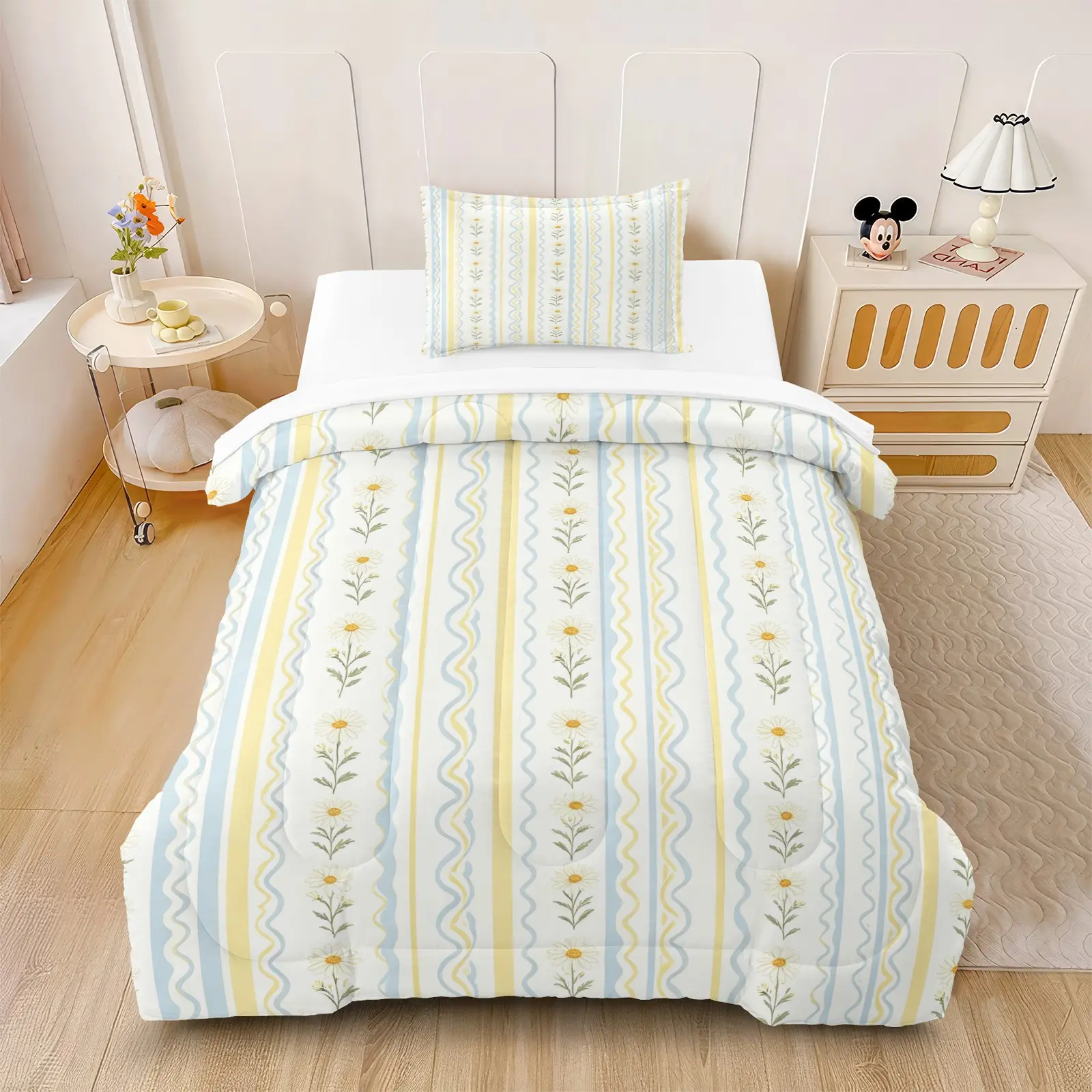 2/3pcs Fresh Healing Daisy Stripe Comforter Set, With Filling, no Pillow Insert, Soft Microfiber Fabric, no Fading, Machine Washable, Aesthetic Bedroom Decor