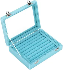 7 Slots Velvet Glass Ring Jewellery Display Storage Box Tray Case Holder Earring Organizer Stand Light Blue Ivosmart