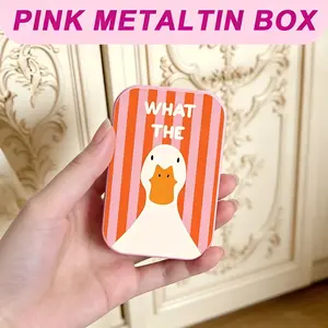 1Pc Funny Duck Metal Tin Box with Hinged Lid - Cute "What The Duck" Small Storage Containers for Hair Clips, Craft Beads, Jewelry & Desk Supplies - Durable Rectangular Tinplate Organizer, Humorous Gag Gift for Teens & Friends (Pink)