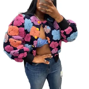 Winter Women Flower Coat Cardigan Jacket Womenswear Long Sleeve Outerwear Knitting Comfort Knitwear