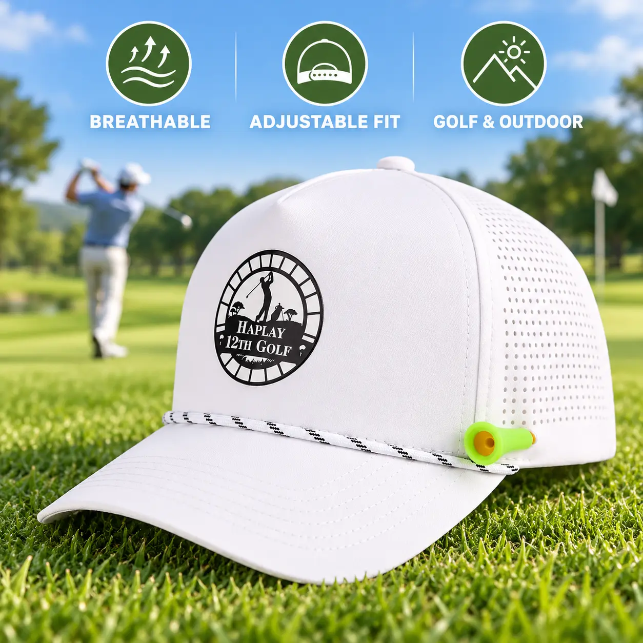Performance Golf Cap for Men & Women, Adjustable Hat with Breathable Laser-Cut Panels and 3D Rubber Patch