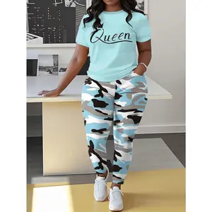 Plus Size Women's Casual Suit with Queen Letter Print Camouflage Pants Mix - Pants with Pockets