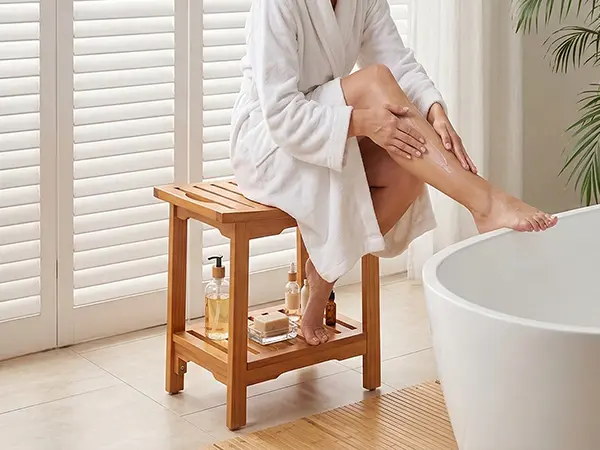 Sweetcrispy Teak Wood Compact Multifunctional Portable Stool - Waterproof, Non-Slip, with Shelf & Handle, Easy Move, Ideal as Shower Stool for Inside Shower & Small Bathrooms