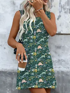 Women's Summer Fashion Plaid Print Sleeveless Long Dress, Casual Fitted Round Neck Midi Dress, Digital Print Dinosaur Pattern