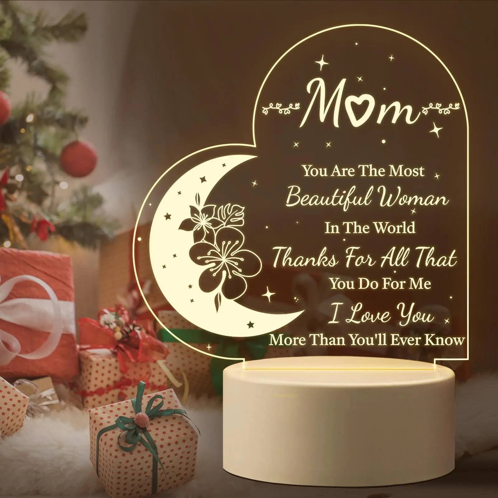 Letter & Moon Pattern Night Light, 1 Count USB Rechargeable Desktop Decorative Lamp, Decorative Light for Home Party Festival, Gift for Mom, Atmosphere Illuminated Night Light