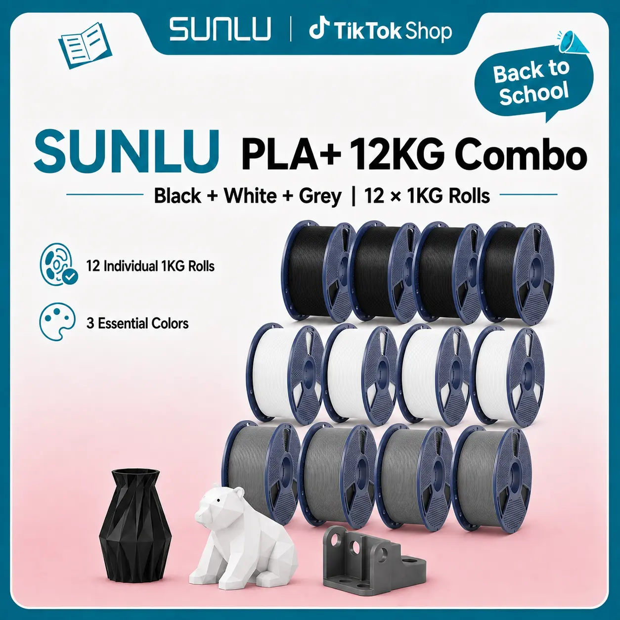 SUNLU PLA 3D Printing Filament 4KG Same-Color Mega Pack (1kg x 4 Rolls) - Printing Supplies, 1.75mm Diameter, 2.50" Width, 0.02mm Tolerance, Tangle-Free High-Speed FDM 3D Printer Accessory, 200-230°C Nozzle Temperature (Black/White/Grey)